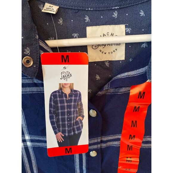 Jachs New York Women Plaid Button-Up Shirt Medium Navy White Flannel Long Sleeve - Picture 3 of 10